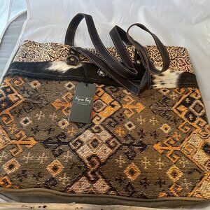 Myra Bags S-5691, Filotimo Tote Bag, Upcycled Canvas, Fur, Embossed Leather  NWT